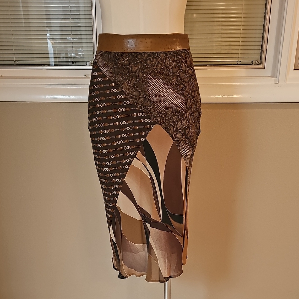 Maje Patchwork Midi Skirt in Brown and Tan